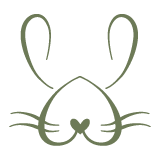 Simple line drawing of a rabbit's face with long ears and a small nose.