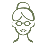 Outline of a person with glasses and a bun hairstyle on a white background