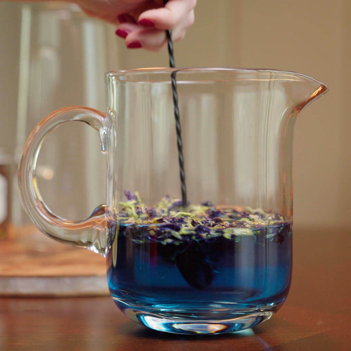 Blue Butterfly tea brewed in glass pitcher 