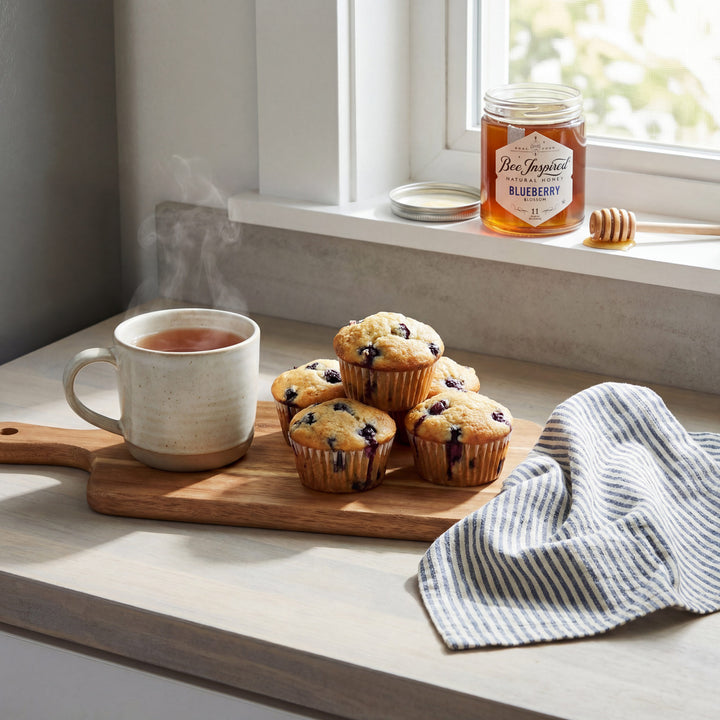 A stack of homemade blueberry muffins next to a steaming mug of tea on a kitchen counter.