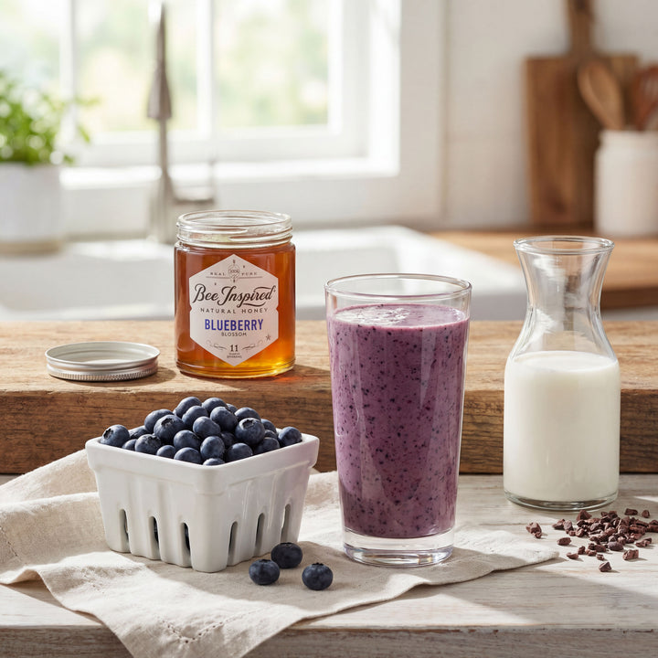 Blueberry smoothie with a jar of honey, a container of blueberries, and a carafe of milk on a wooden table.