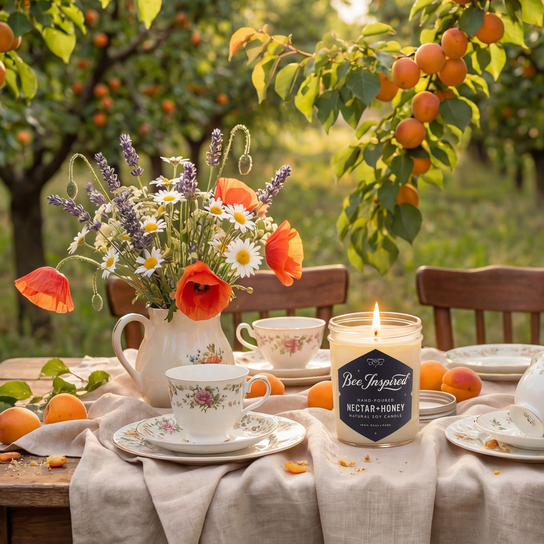Outdoor setting with a table set for tea, a lit candle, and a floral arrangement in an orchard.