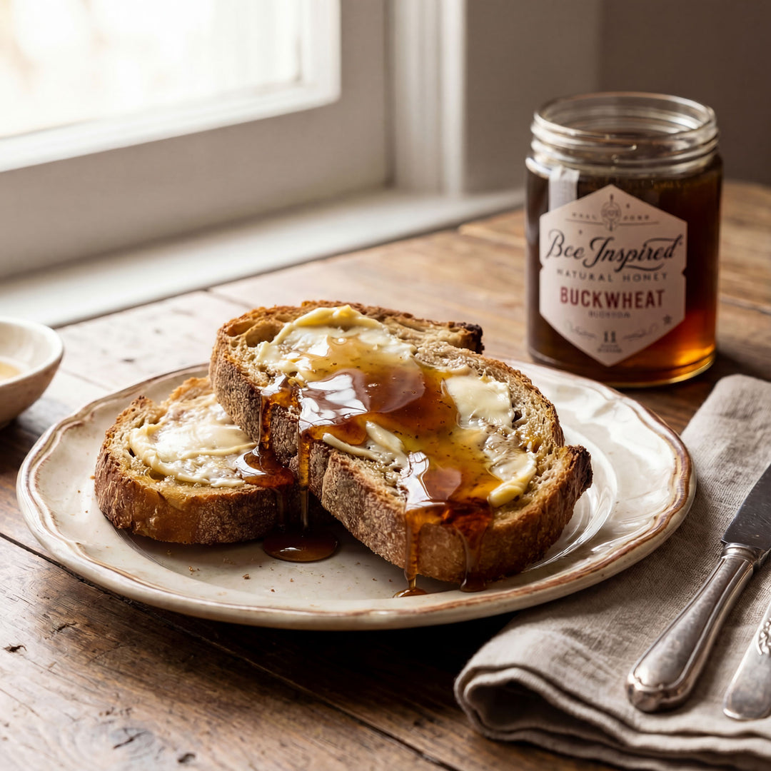 Two slices of toast with honey on a plate next to a jar of honey labeled &