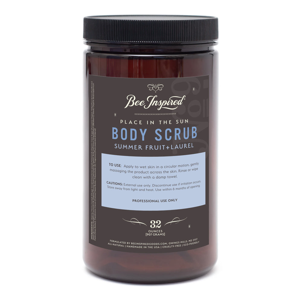 Bee Inspired body scrub container with label on a white background