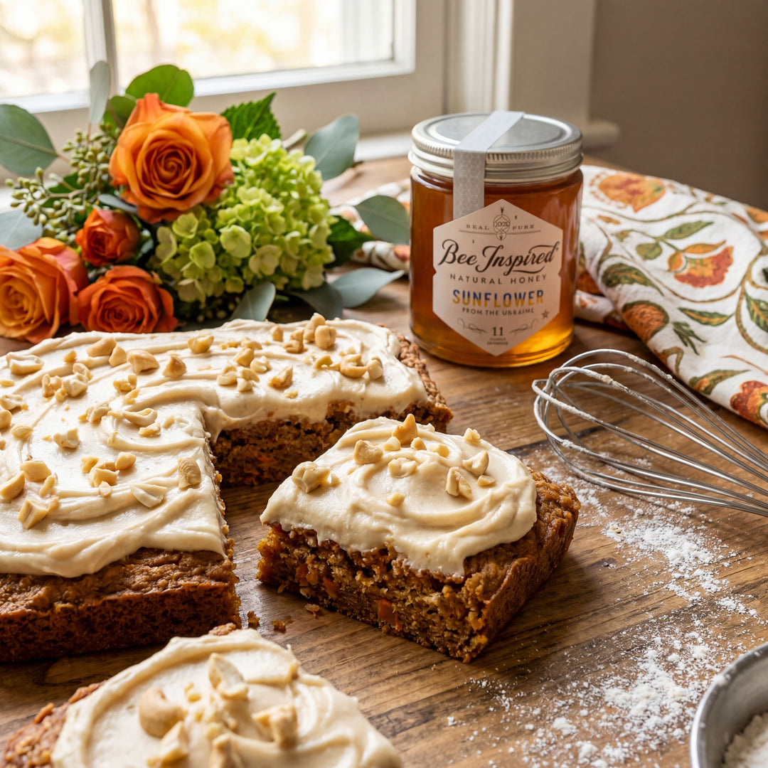 Carrot cake with cream cheese frosting on a wooden table with a jar of honey and flowers.