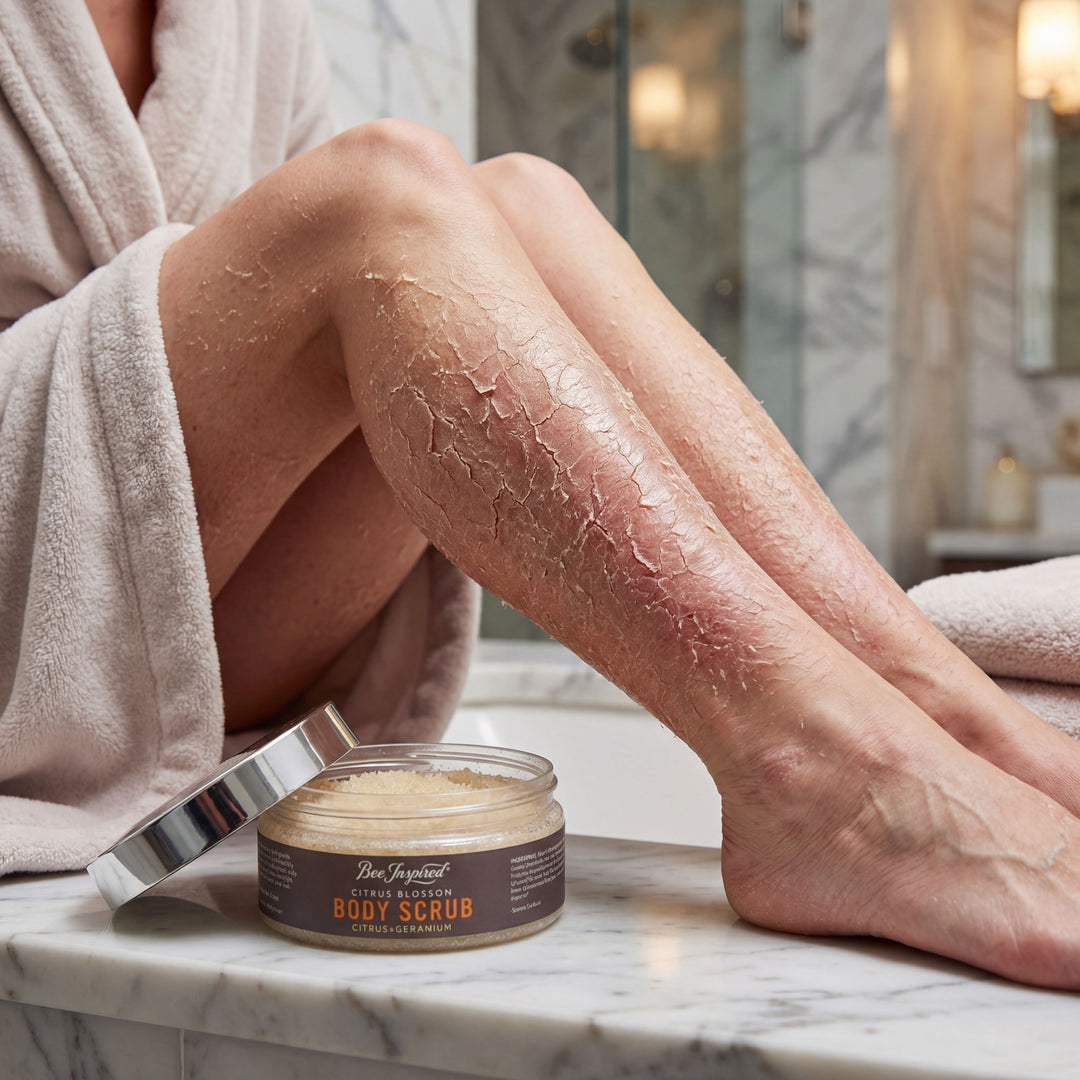 Person sitting with legs exposed, showing skin after using a body scrub, with a jar of body scrub on a marble surface.