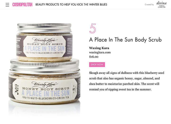 Image of Cosmopolitan article featuring A Place in the Sun body scrub 