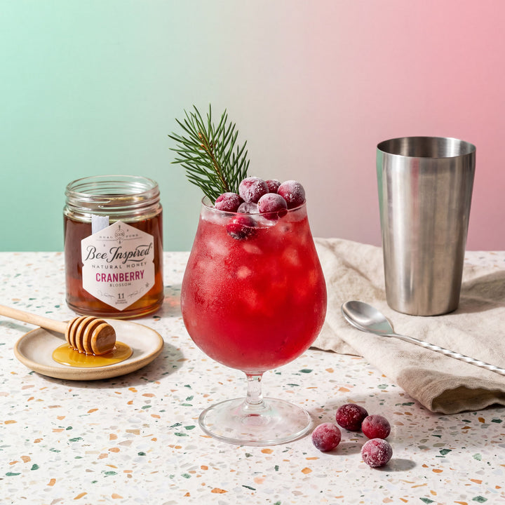 cranberry shrub garnished with frozen cranberries and pine sprig on terrazo table cocktail mixer