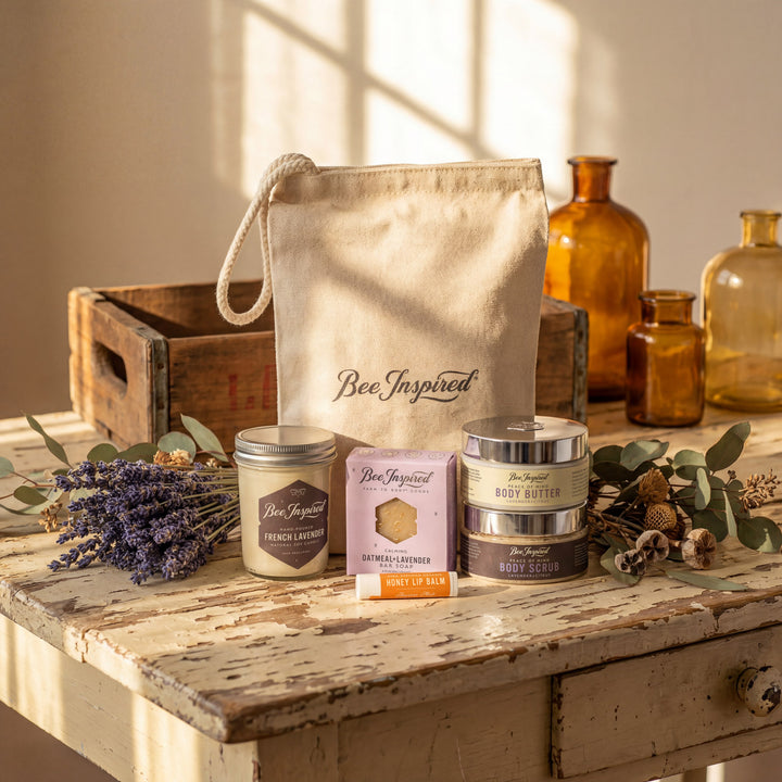 Bee-Inspired products including jars and a bag on a wooden surface with decorative elements.