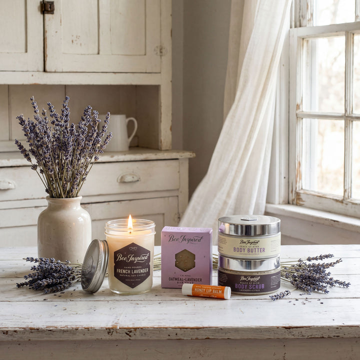 Lavender products including a candle, jar, and bottles on a wooden surface with a window in the background.