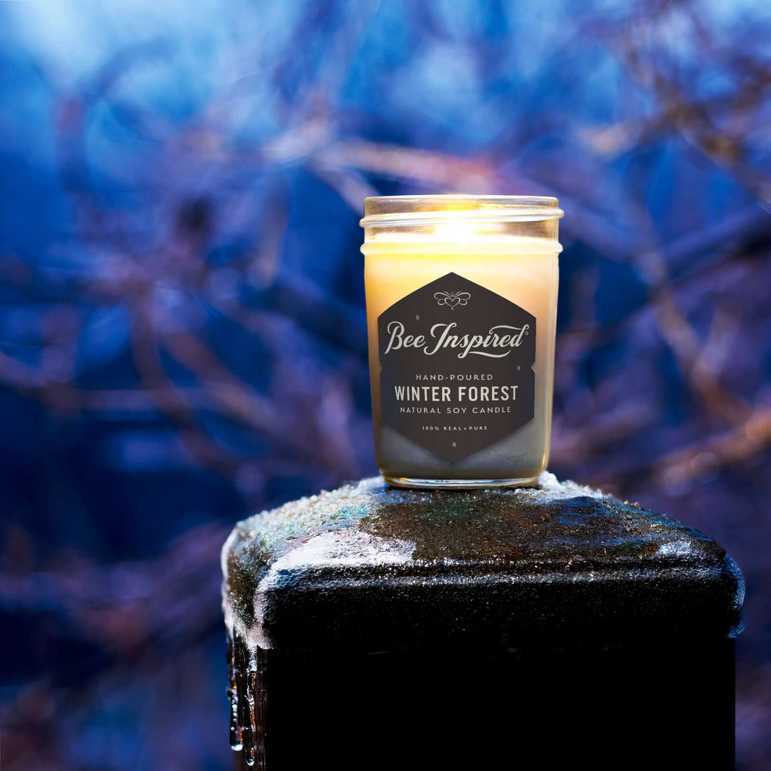 Winter Forest jelly jar candle burning on frozen lamppost 