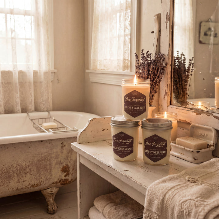 Candles with labels on a wooden shelf in a bathroom setting