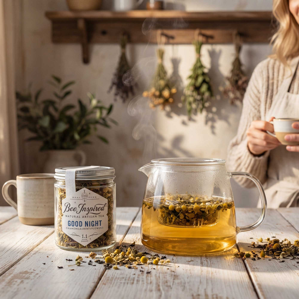 Tea-making setup with 'BeeInspired' tea packaging on a wooden table.