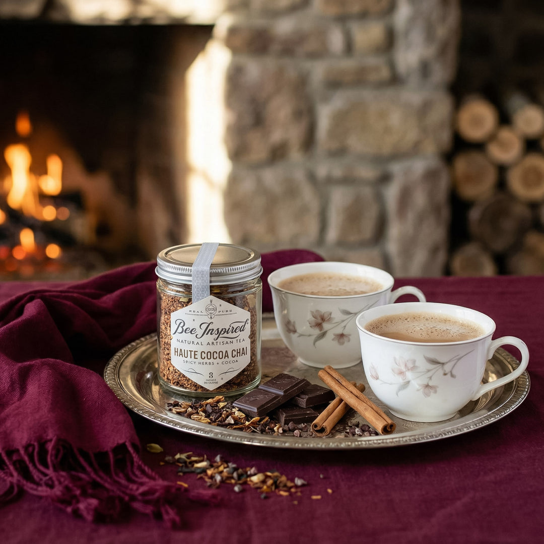 Two cups of hot chocolate with a jar of cocoa mix on a tray in front of a fireplace.