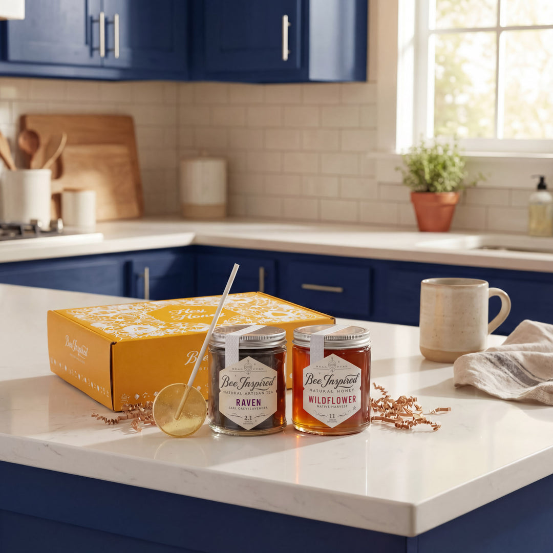 Two jars on a kitchen counter, featuring a box and a mug.