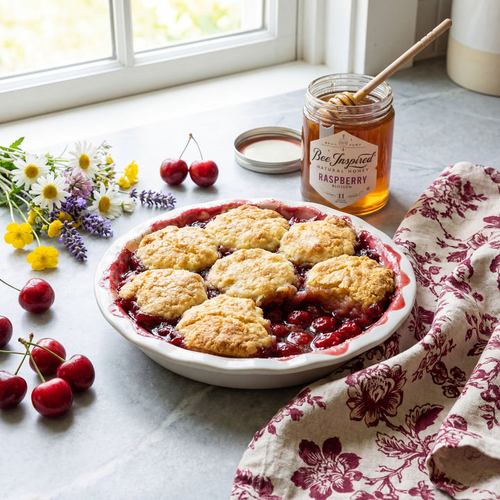 Cherry pie with a jar of raspberry honey on a table with flowers and cherries.