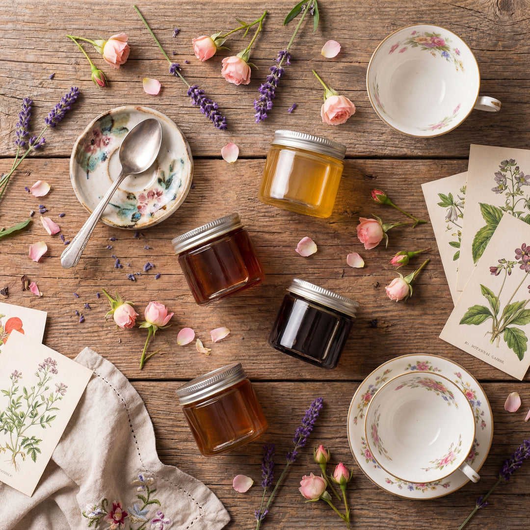 Jars of honey, tea cups, and floral elements on a wooden surface