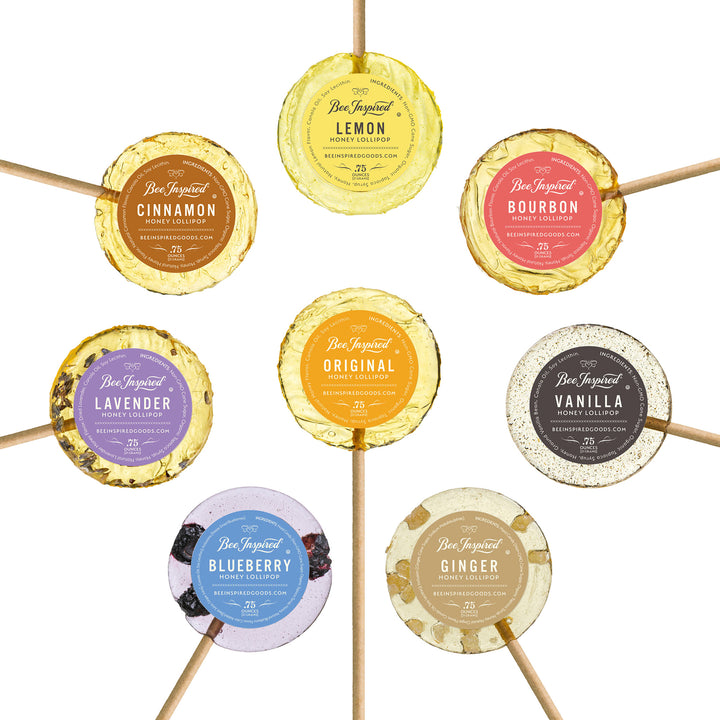 8 varieties of Bee Inspired honey lollipops, including lemon, bourbon, vanilla, ginger, blueberry, lavender, cinnamon, and original.