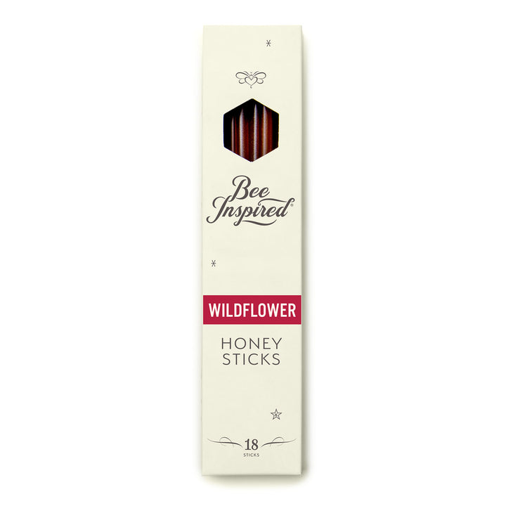 Box of Bee Inspired Wildflower Honey Sticks on a white background