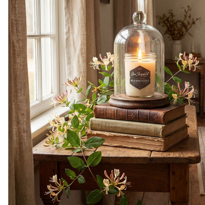 Candle in a glass cloche on stacked books with flowers and a window in the background
