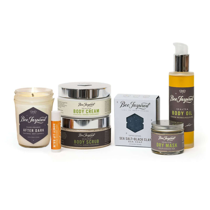 products in King Bee Body Care kit against white