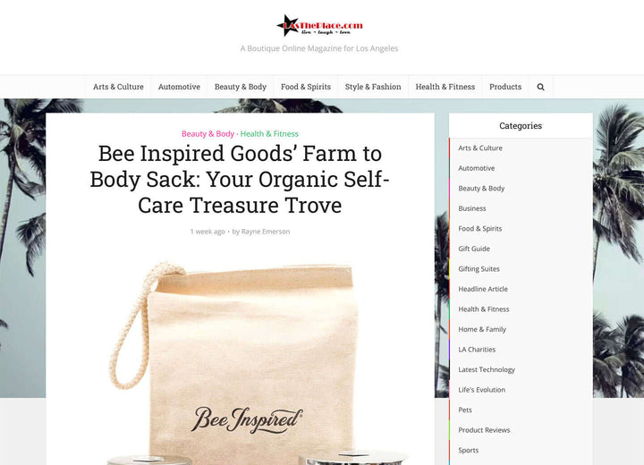 Image of LA's The Place article featuring Bee Inspired Farm to Body sack for self-care 