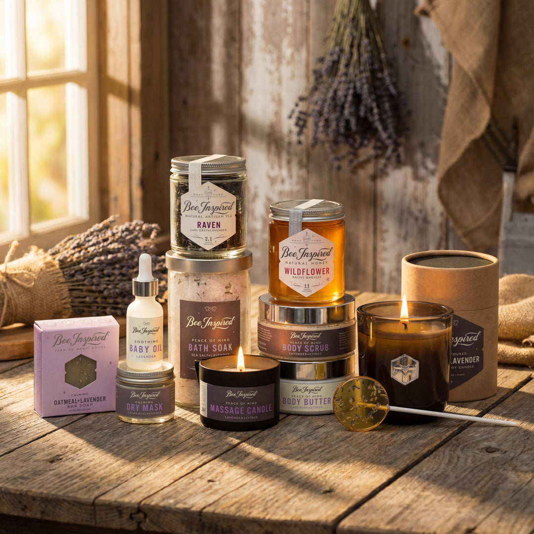 Collection of Bee &amp; Honey products on a wooden surface with a rustic background.