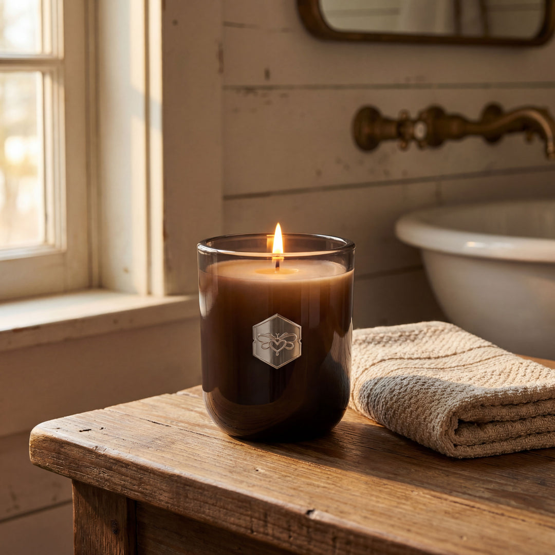 Candle in a glass jar on a wooden surface with a bathroom background