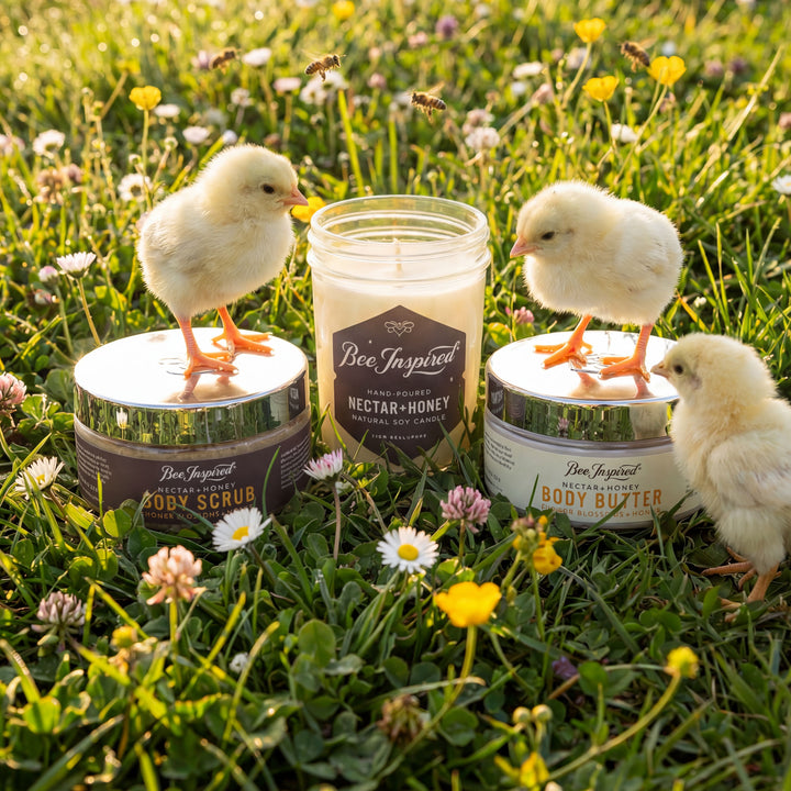 Three small chicks standing on jars of body scrub, body butter, and a candle labeled &