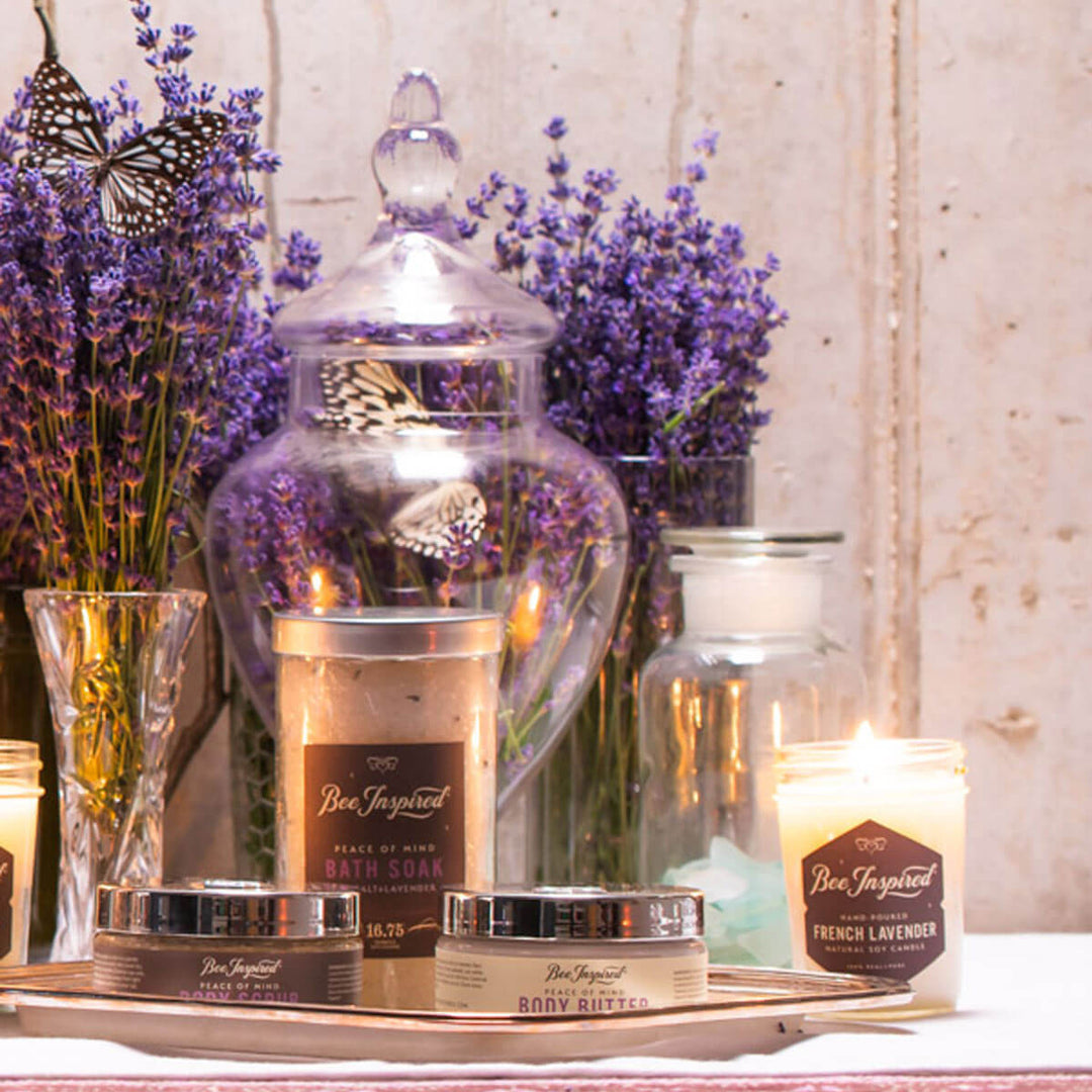 peace of mind collection and french lavender jelly jar candle from bee inspired honey retail store in owings mills on set with fresh lavender 