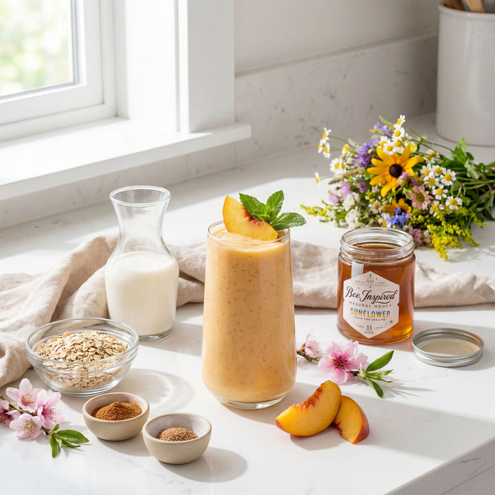 Smoothie with peach slices and mint leaves on a table with ingredients and a jar of honey.