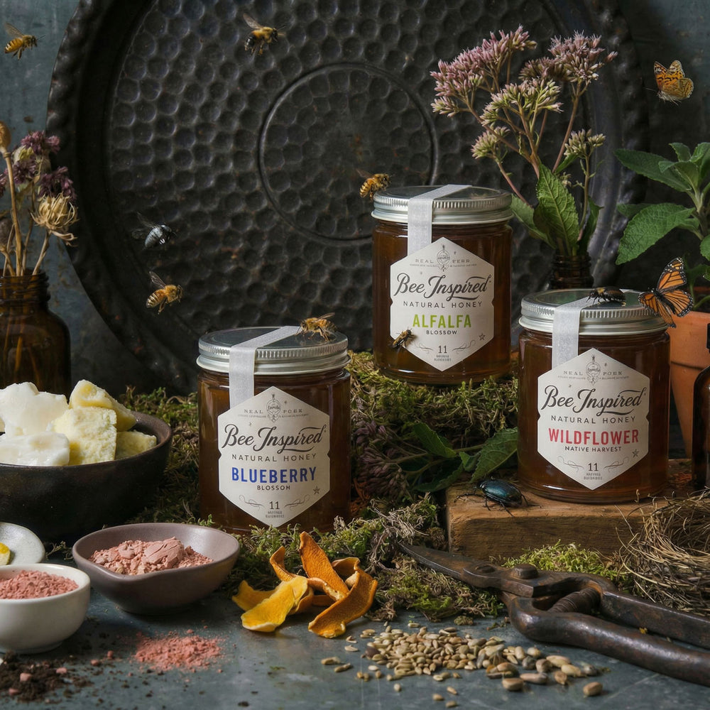 Bee Inspired pollen set with flowers and herbs on a rustic dark background.

