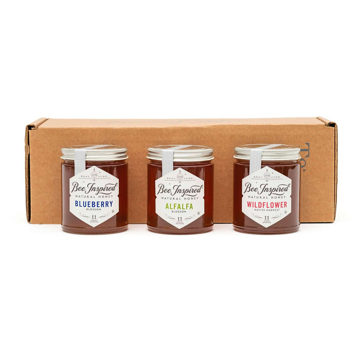 Pollen honey set and shipping box against white