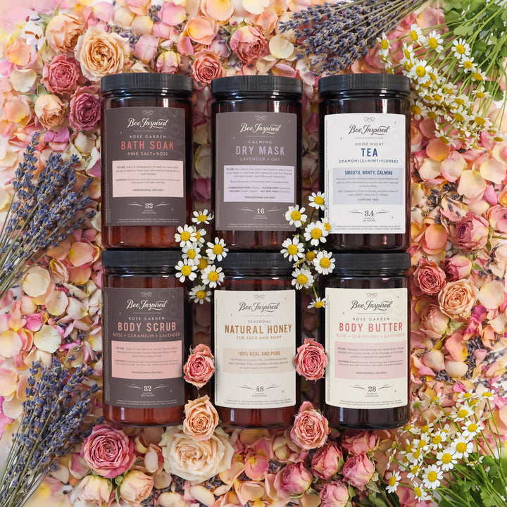 Set of natural skincare products with floral and lavender background