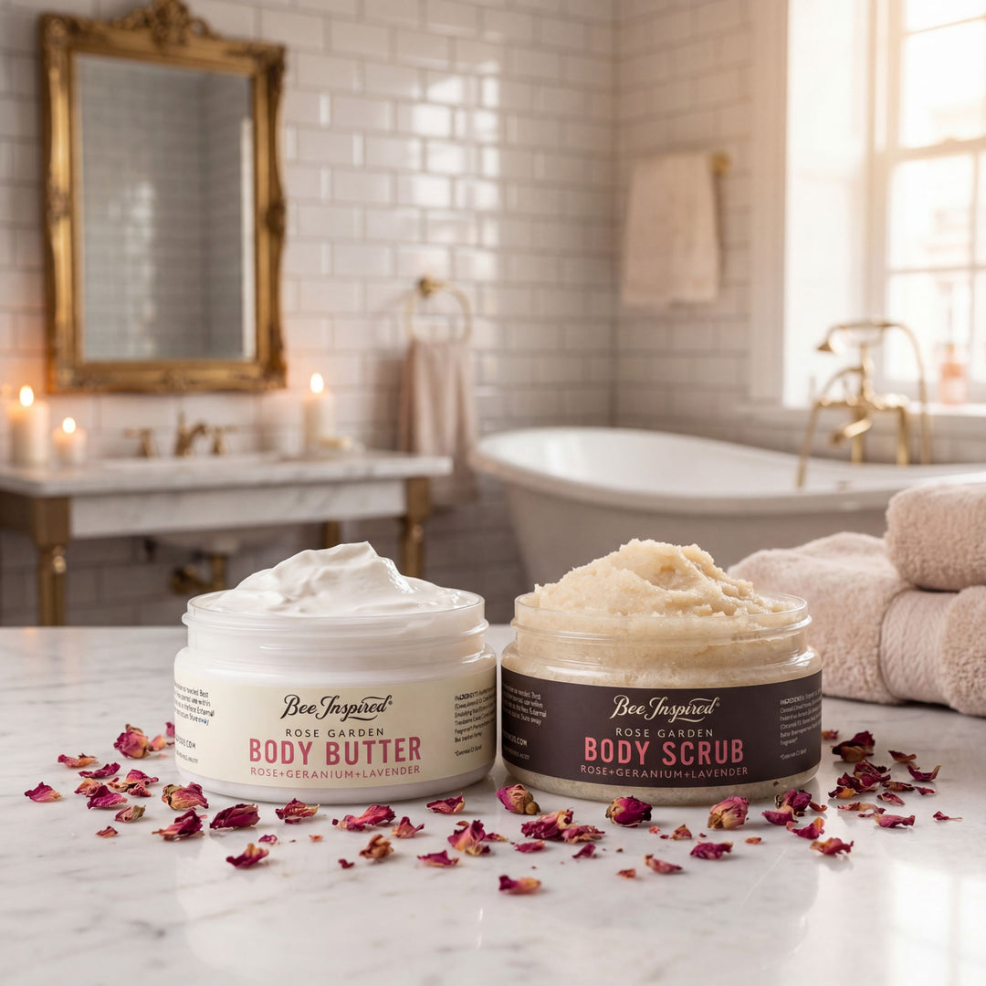 Two jars of body butter and scrub on a bathroom counter with candles and towels in the background.