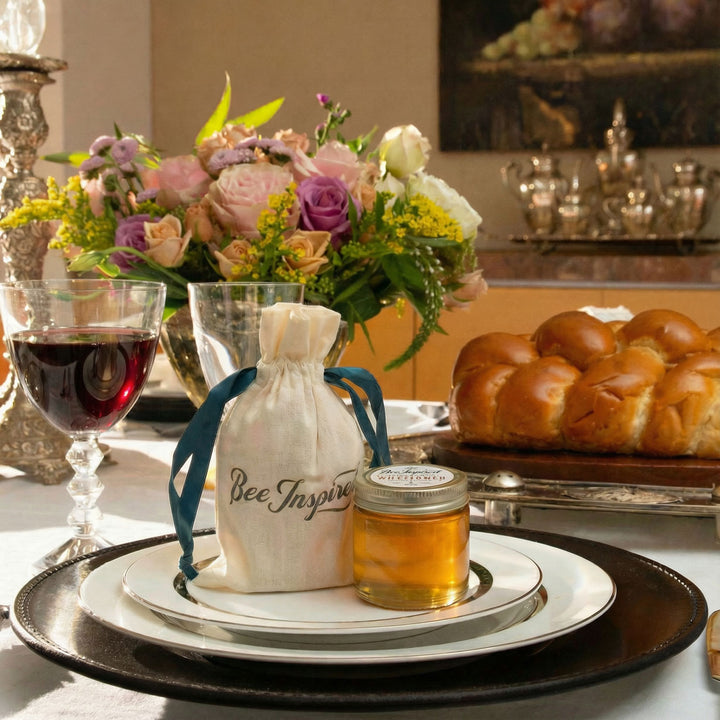 Rosh Hashanah table setting with a bottle labeled &