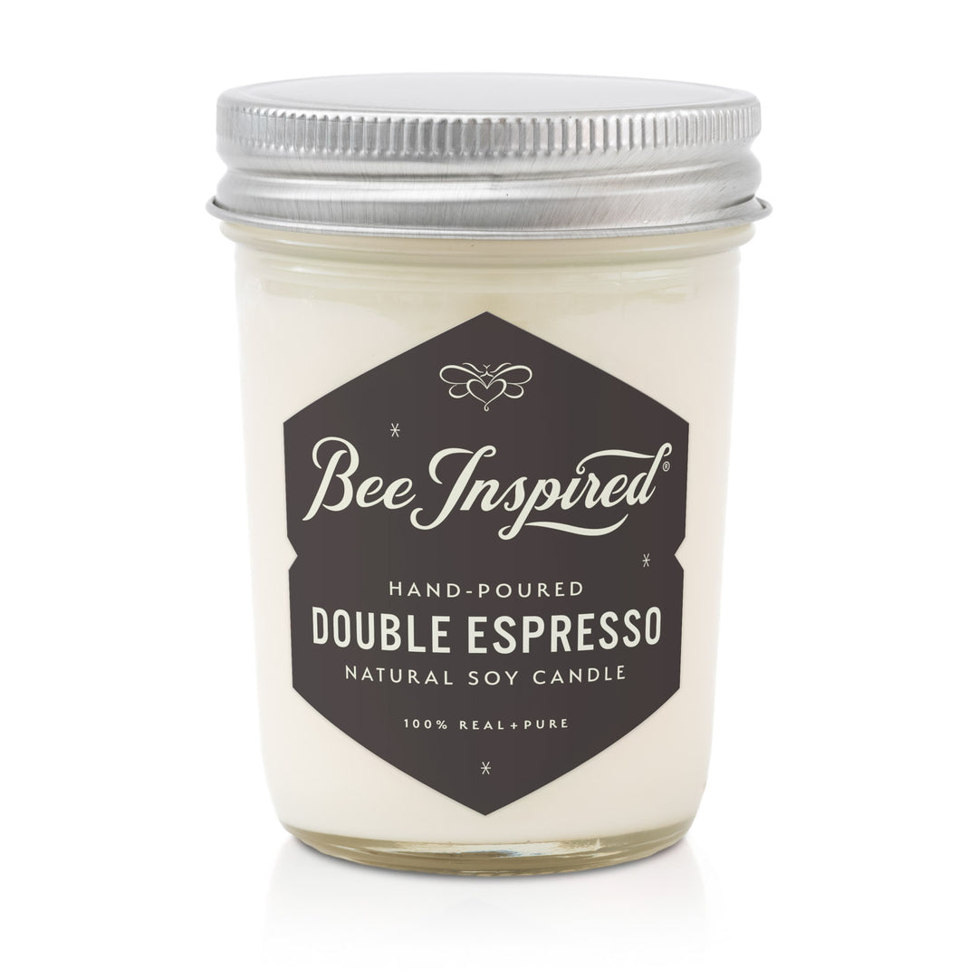 Candle jar labeled 'Bee Inspired Double Espresso' on a white background