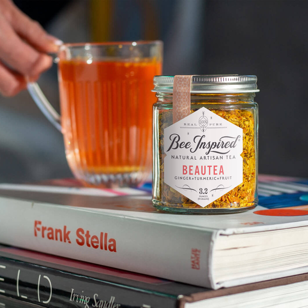 Beautea Ginger Turmeric and Fruit Tea in crystal mug
