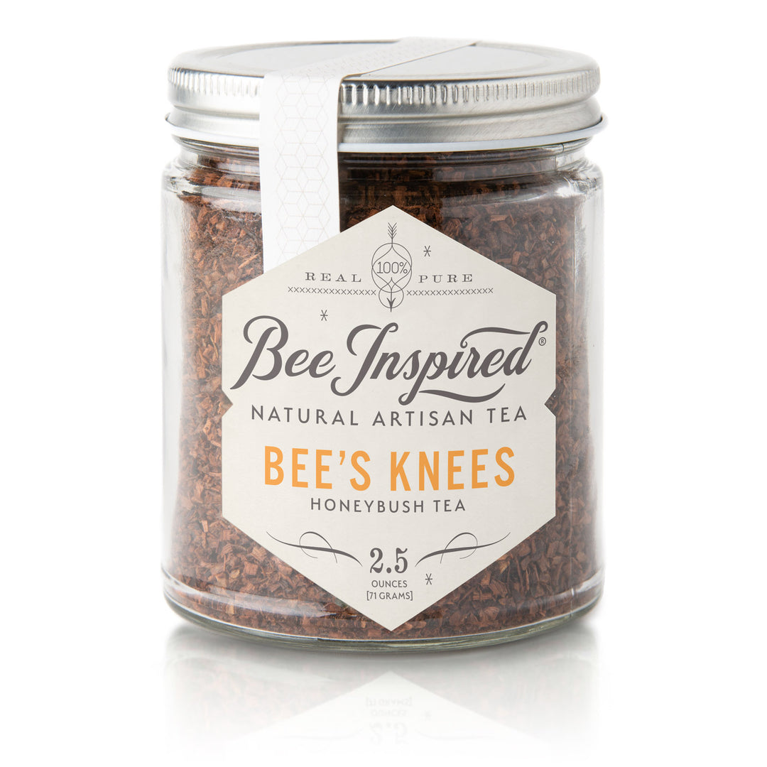 Jar of Bee's Knees Honeybush Tea with 'Bee Inspired' label on a white background