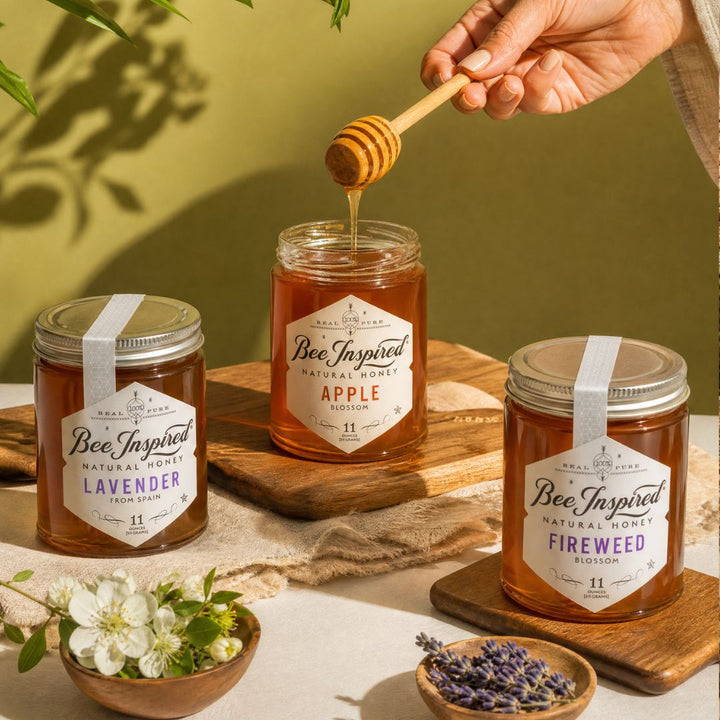 lavender honey, apple honey and fireweed honey