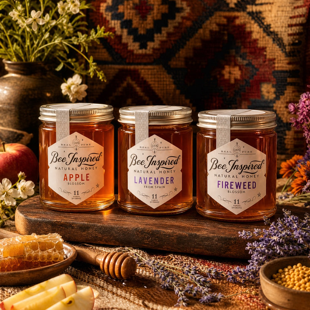 apple honey, lavender honey and fireweed honey in front of killem