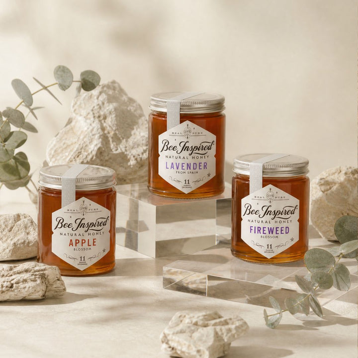 lavender honey, apple honey and fireweed honey