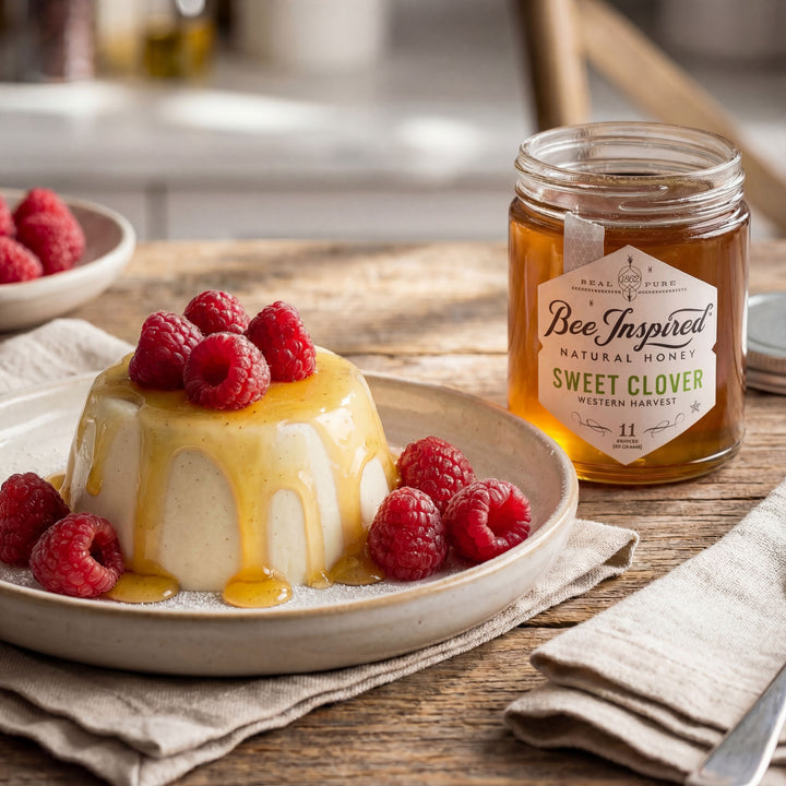 Dessert with raspberries and honey on a plate next to a jar of &