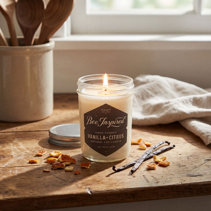 Candle in a jar labeled &