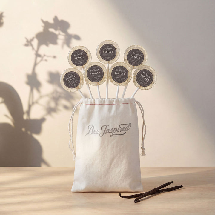 Vanilla pods with labels in a &