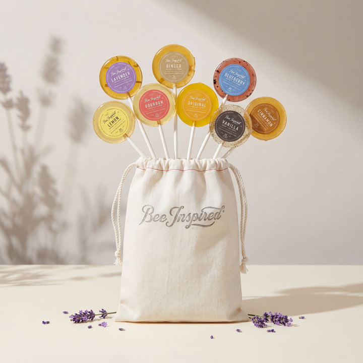 Set of colorful bee products with a &
