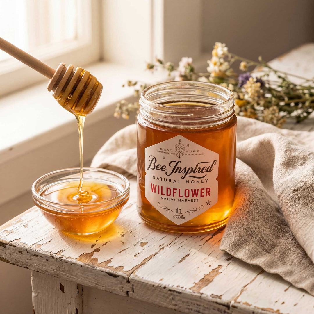 Jar of 'Bee Inspired' wildflower honey with a honey dipper and bowl on a wooden surface.