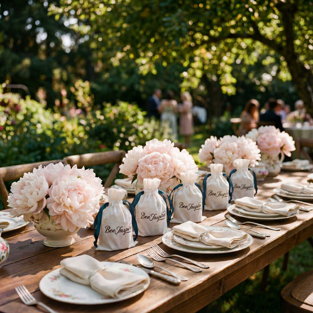 Decorated outdoor table with floral arrangements and bottles labeled &